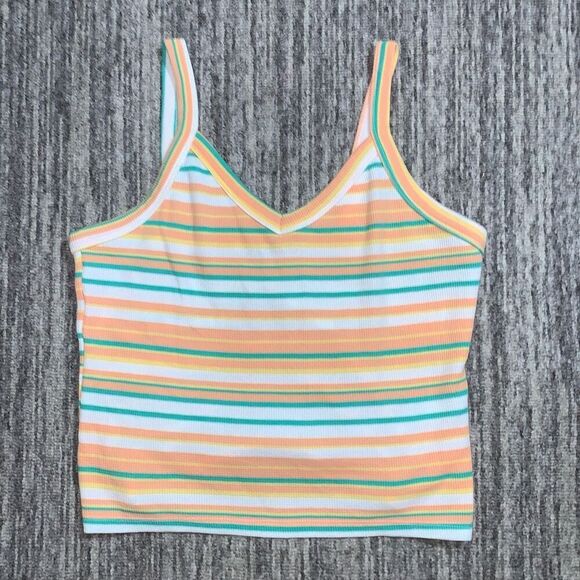 SO Junior Size‎ Large Crop Tank Top Orange Green Stripe V Neck - Picture 1 of 6